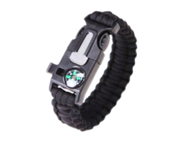 Military Survival Armband Zwart Paracord Kompas Noodfluit Mes Firesteel