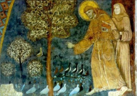 Franciscus predikt tot de vogels, fresco benedenkerk Assisi