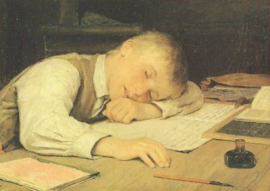 Jongen ingeslapen boven schoolboek, Albert Anker