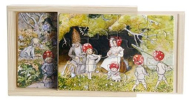 Vier houten puzzels in houten doos van Kabouterkinderen, Elsa Beskow