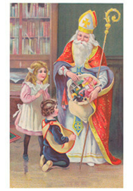 Sinterklaas deelt cadeaus uit