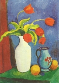 Rode tulpen in witte vaas, August Macke