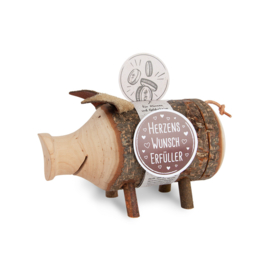 Houten spaarvarken met bast 10 cm hoog