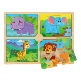 Houten puzzel safari (4 puzzels in 1)