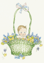 Baby in groene mand met bloemen, Molly Brett