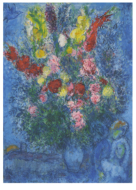 Het boeket bloemen van de geliefden op blauwe achtergrond, Marc Chagall