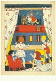 Kinderen zien Sint en Piet op het dak
