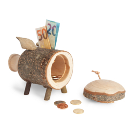 Houten spaarvarken met bast 10 cm hoog