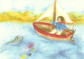 maandkaart augustus, Kind in zeilboot, Ilona Bock
