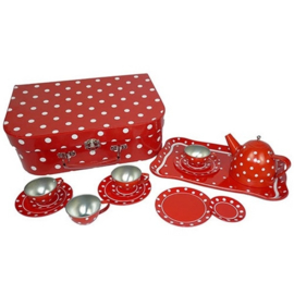 Theeservies tin, rood met witte stippen set in koffer (9,5 x 19,5 x 29 cm)