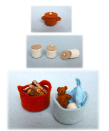 Poppenhuis deel 6: mand, beertje, voorraad potten en pan (zelfmaakpakketje)