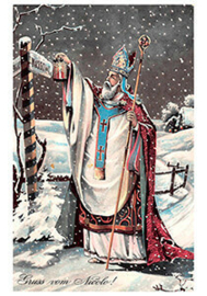 Sinterklaas kijkt met zijn lantaarn naar de goede weg