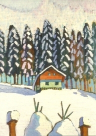 Huis met dennen in sneeuw, Gabriele Münter