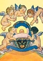 Kind met engelen, oude prentbriefkaart