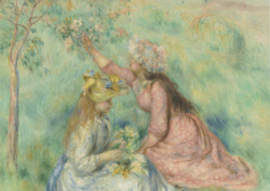 Meisjes plukken bloemen op een veld, Pierre-Auguste Renoir
