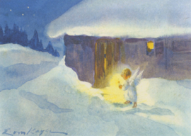 Engel stapt door de sneeuw in schijnsel kaars, Erica von Kager