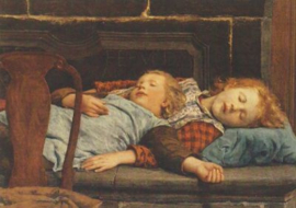 Twee slapende meisjes op bank bij oven, Albert Anker
