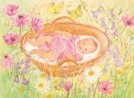 Baby in mandje tussen bloemen, Marjan van Zeyl