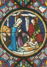 Geboorte Christus, glasvenster in Munster van Bazel