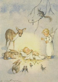 Het kerstkind, omringd door bosdieren en een engel, Erica von Kager