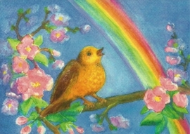 Vogel op boom met regenboog, Dorothea Schmidt