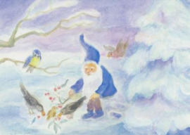 Dwerg voert vogels in de sneeuw, Dorothea Schmidt