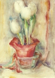 Witte tulpen in rode pot, M.I. Hummel