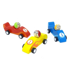 Houten race auto blauw ( pullback, afm. 11,5 x 5 x 4,5 cm )