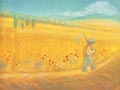 Maandkaart augustus-korenveld met boer, Ruth Elsässer