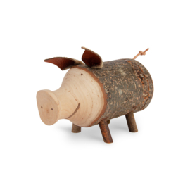 Houten spaarvarken met bast 10 cm hoog