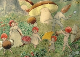 Kabouterkinderen verzamelen paddenstoelen, Elsa Beskow