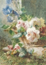 Stilleven met irissen en rozen in mand, E. Bucchi
