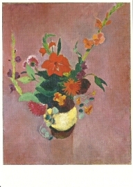 Boeket met gladiolen op rose achtergrond, August Macke