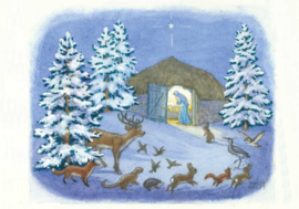 Dieren in de sneeuw kijken naar Maria en Jezus in de stal, Molly Brett