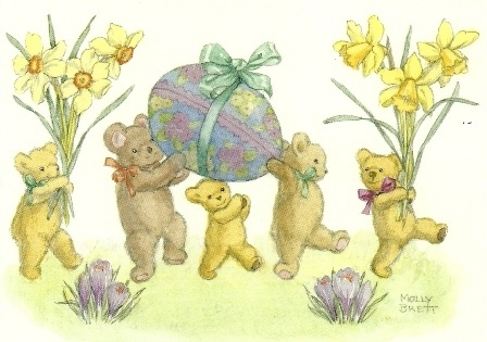 Vijf teddyberen met narcissen en paasei, Molly Brett