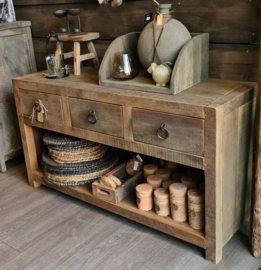 Stoer oud houten tv-meubel/sidetable met 3 lades