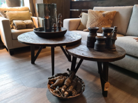 Stoere oud houten salontafel set