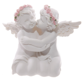 Two Cherub Embrace Each Other with Pink Roses