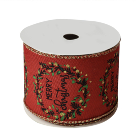 Luxe Kerstlint met krans Merry Christmas rood