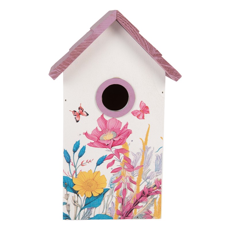 Houten vogelhuis bloemen wit/roze