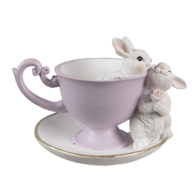 Decoratie kop en schotel met 2 konijntjes 16*13