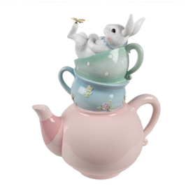 Decoratie roze theepot kopjes en konijn 28*19*34
