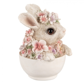 Konijn in kopje wit met bloemetjes