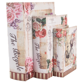 Opbergdozen set van 3 houten boeken fiets