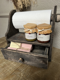 Stoere houten keukenrolhouder met lade vergrijsd 28*33*15