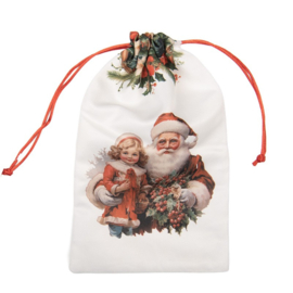 Nostalgisch stoffen kadozakje kerstman met meisje 14*22