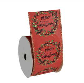 Luxe Kerstlint met krans Merry Christmas rood