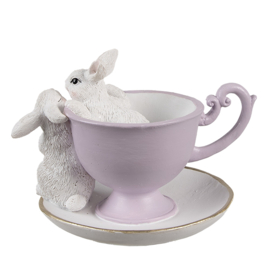 Decoratie kop en schotel met 2 konijntjes 16*13