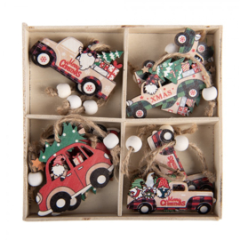 Doosje met 12 Kerst decoratie hangers autootjes