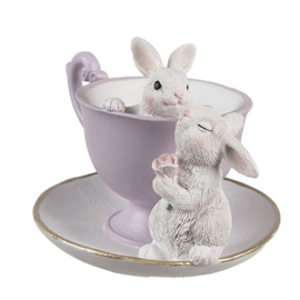 Decoratie kop en schotel met 2 konijntjes 16*13